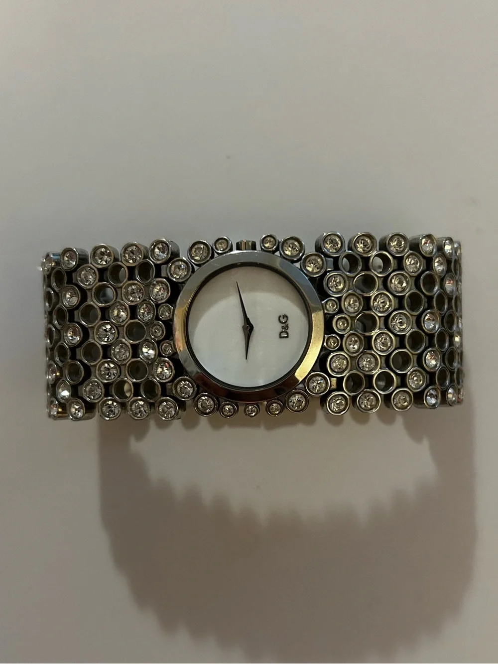 D&G Silver Crystal-Stud Bracelet Watch with White Dial